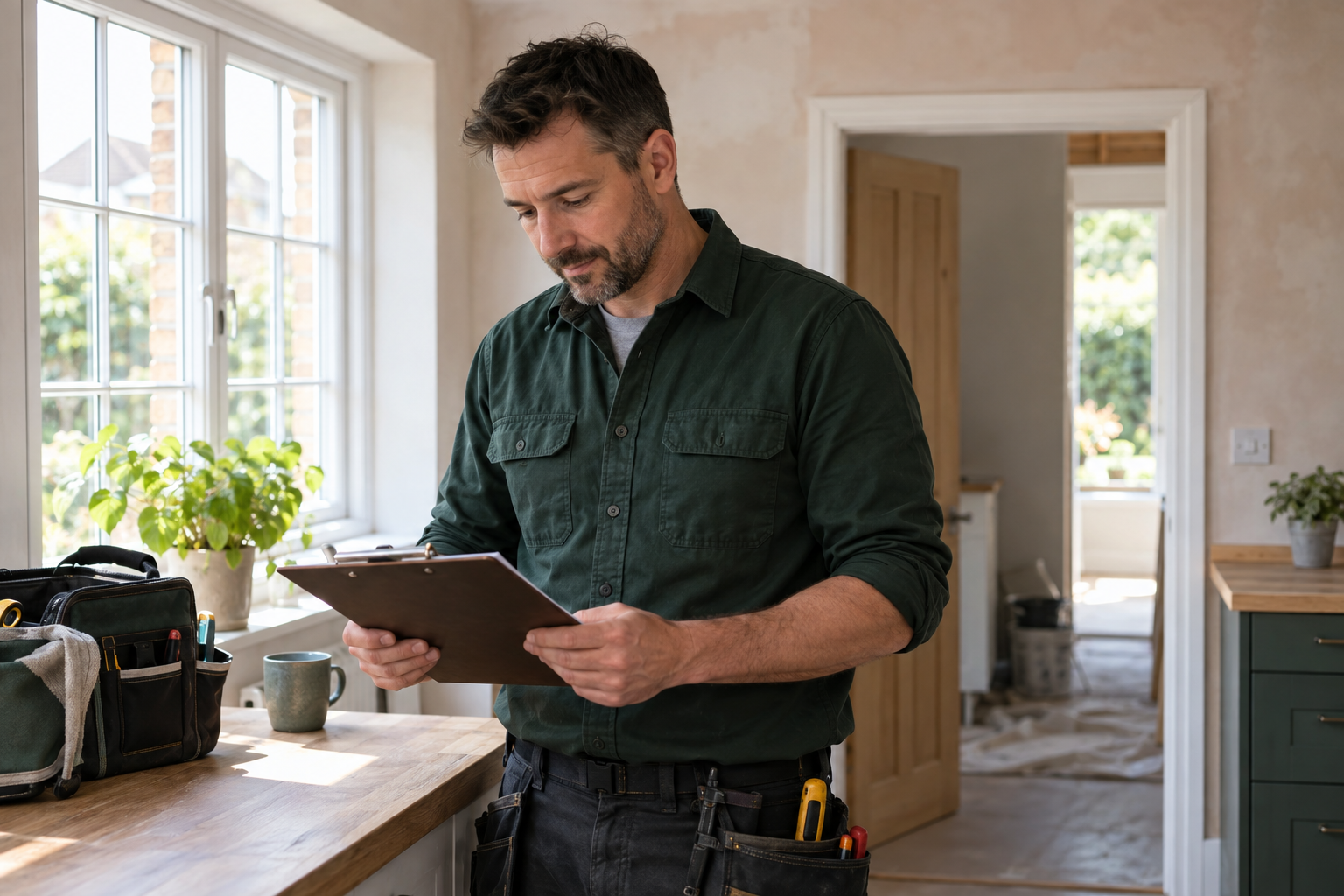 Tradesperson reviewing job paperwork at a residential renovation